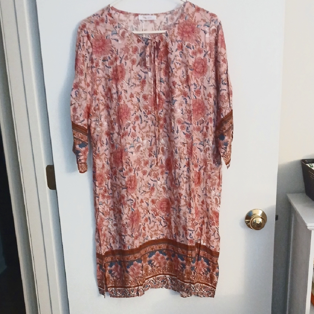 Halife Pink Floral Boho Dress, Size  L